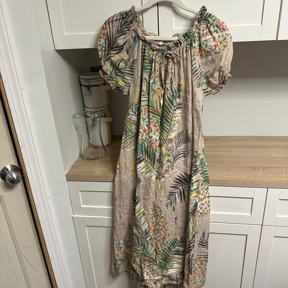 Valentina Naldi Italian Linen Tropical Midi Dress US L Floral Puff Sleeve Resort
